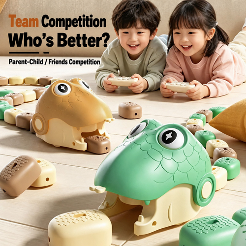 Two children lying on a wooden floor playing with a colorful toy game featuring turtle-like heads and small blocks. Large text at the top reads 'Team Competition Who's Better?' and 'Parent-Child / Friends Competition'.
