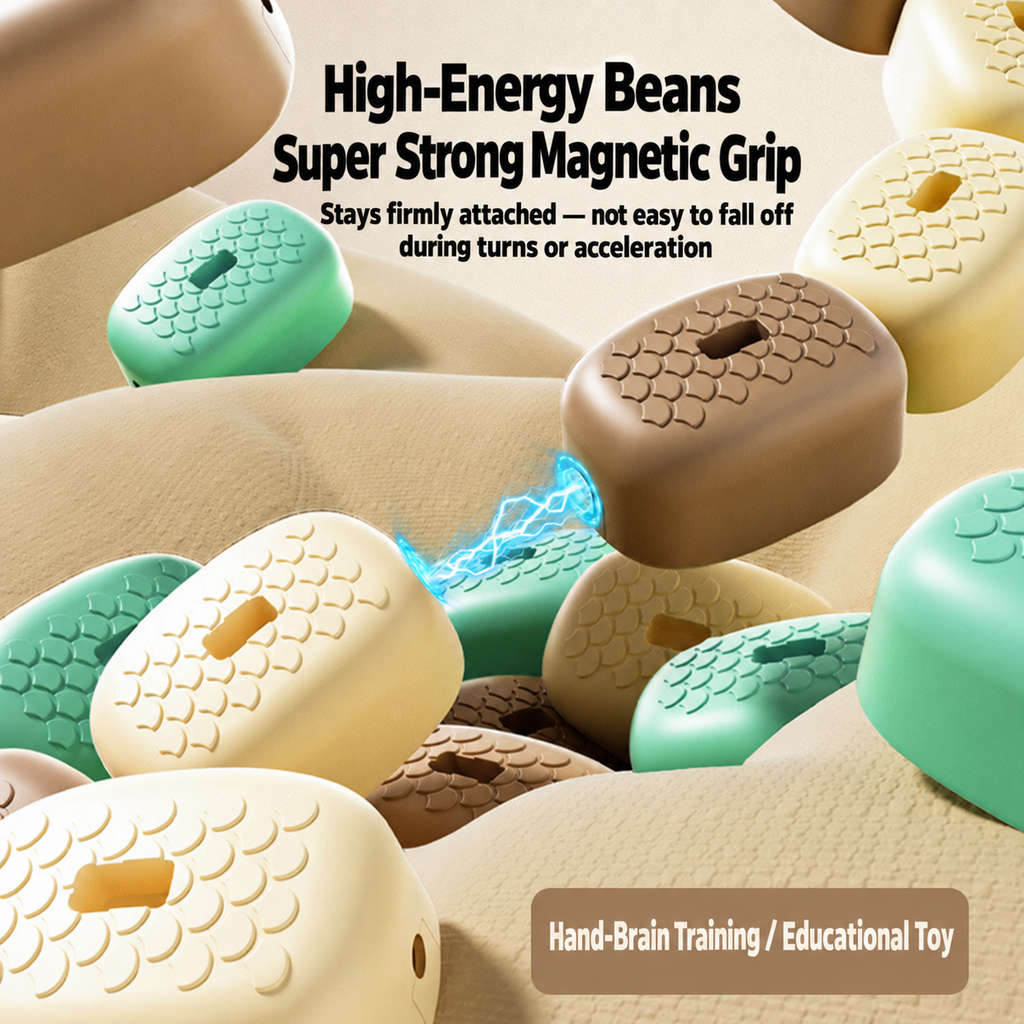 Educational hand-brain training toy featuring colorful magnetic bean-shaped pieces in beige, mint green, and brown, with text highlighting high-energy beans and strong magnetic grip.