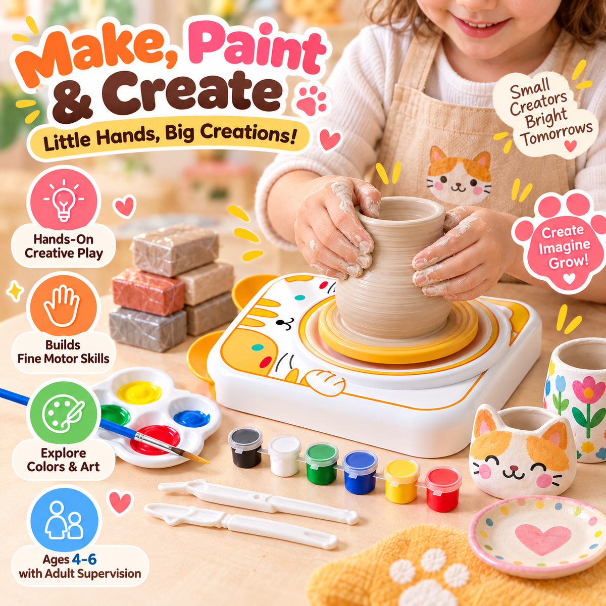 A children's pottery crafting set shown in a bright studio-style scene with a child's hands shaping a clay pot on a white and yellow spinning wheel. The set includes paint pots, brushes, a palette, small decorated mugs, sculpting tools, and cat-themed accessories.