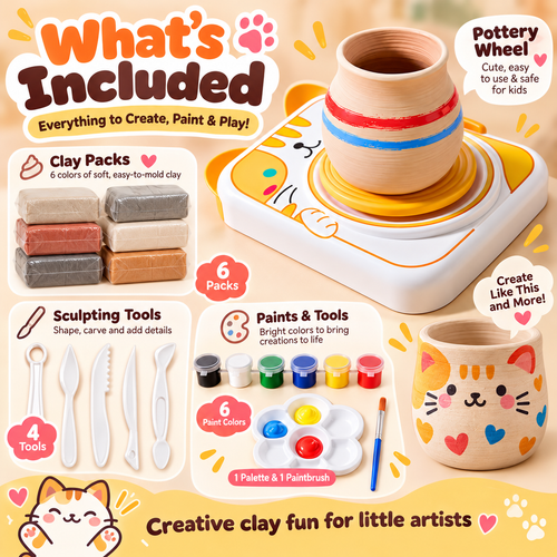 A colorful product collage for a children's clay and pottery kit, showing a hand-painted ceramic pot on a cartoon-style pottery wheel, clay packs, sculpting tools, paint colors, and a cat-face painted pot. Large text reads 'What's Included' and 'Everything to Create, Paint & Play!'.
