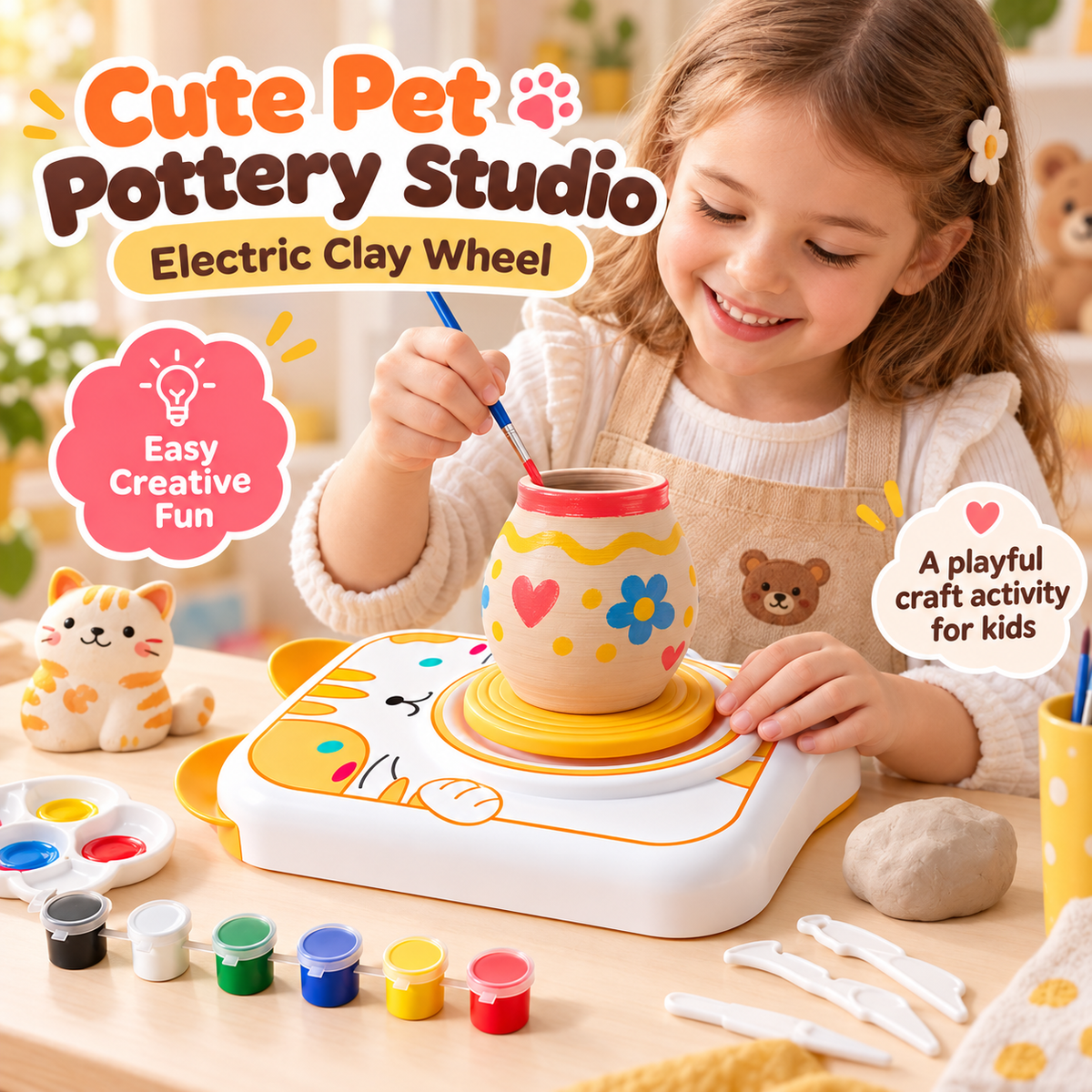 A young girl painting a decorated ceramic pot on a white and yellow electric clay wheel pottery machine. The scene includes colorful paint pots, sculpting tools, a small cat figurine, and promotional text overlays reading 'Cute Pet Pottery Studio' and 'Electric Clay Wheel'.