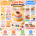 Cute pet pottery studio electric clay wheel kit with multiple animal-themed wheel options, paint pots, sculpting tools, and packaging graphics on a light beige background.