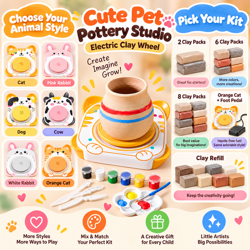 Cute pet pottery studio electric clay wheel kit with multiple animal-themed wheel options, paint pots, sculpting tools, and packaging graphics on a light beige background.