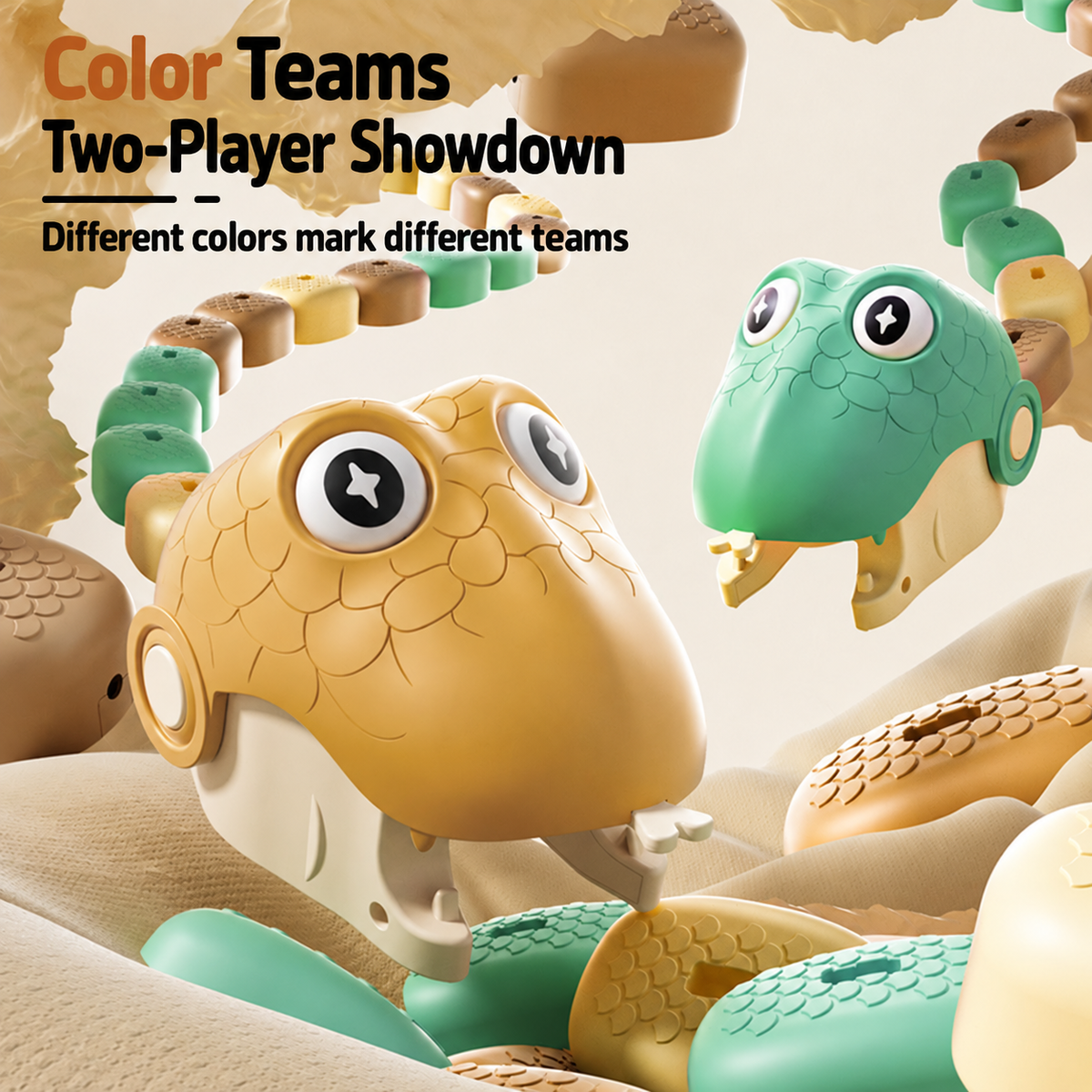 Two toy snake-like game pieces in tan and mint green are shown in a stylized, clean product render with text reading 'Color Teams Two-Player Showdown' and 'Different colors mark different teams.' No person, animal, or real environment is present, so this is Product/Packaging rather than Lifestyle.
